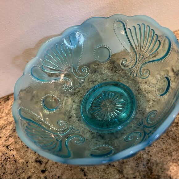 Jefferson Glass Blue Opalescent Candy Dish Bowl Shell Loops Pattern - Picture 2 of 7